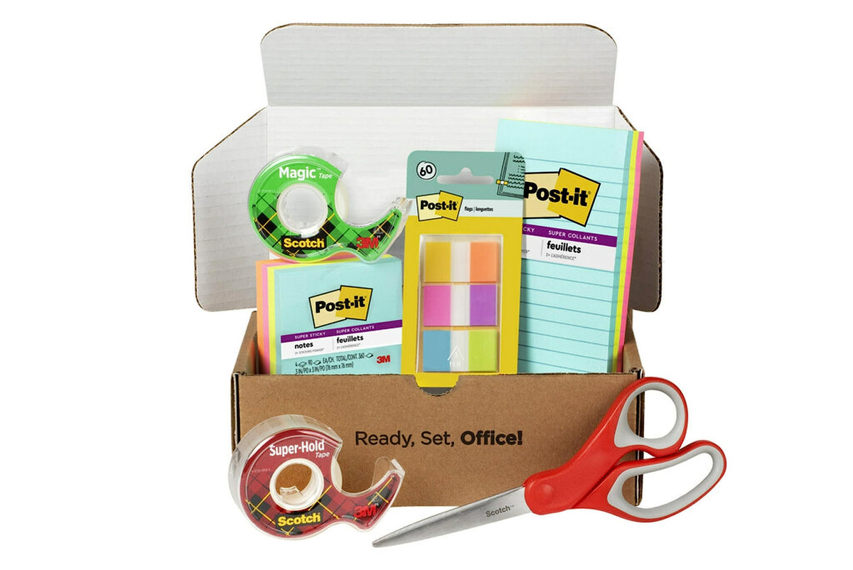 Scotch and Post-it Brand Office Essentials Kit, Business and Teacher Supplies Set with Post-it Super Sticky Notes, Scotch Super Hold Tape, Scotch Magic Tape, Post-it Flags, Sharp Scissors for Office