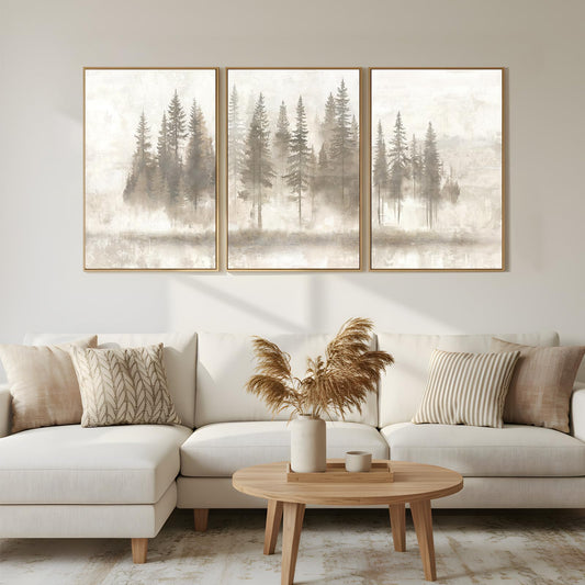 Zessonic Pine Tree Abstract Wall Art - Nordic Pine Forest Foggy Neutral Artwork, Wabi Sabi Framed Canvas Prints Minimalist Nature Landscape Decor for Living Room, Bedroom, Office - 16x24inchx3pcs