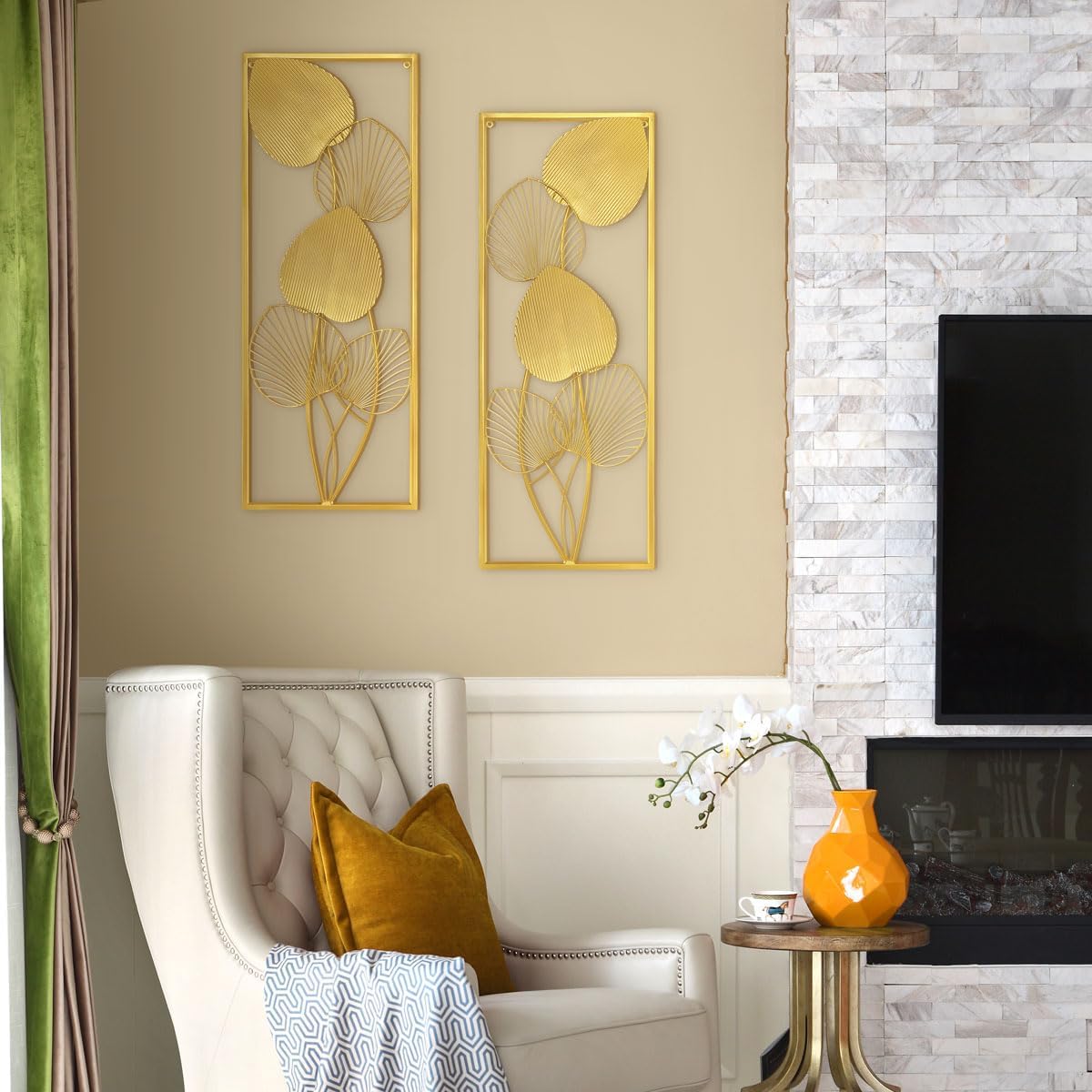 XUANYUQL 2 Pieces Metallic Leaves Wall Decors Luxury Golden Metal Art Wall Sculptures 32" X 12" Modern Wall Hanging Sculptures with Frame for Bedroom Living Room Kitchen Dining Room Office