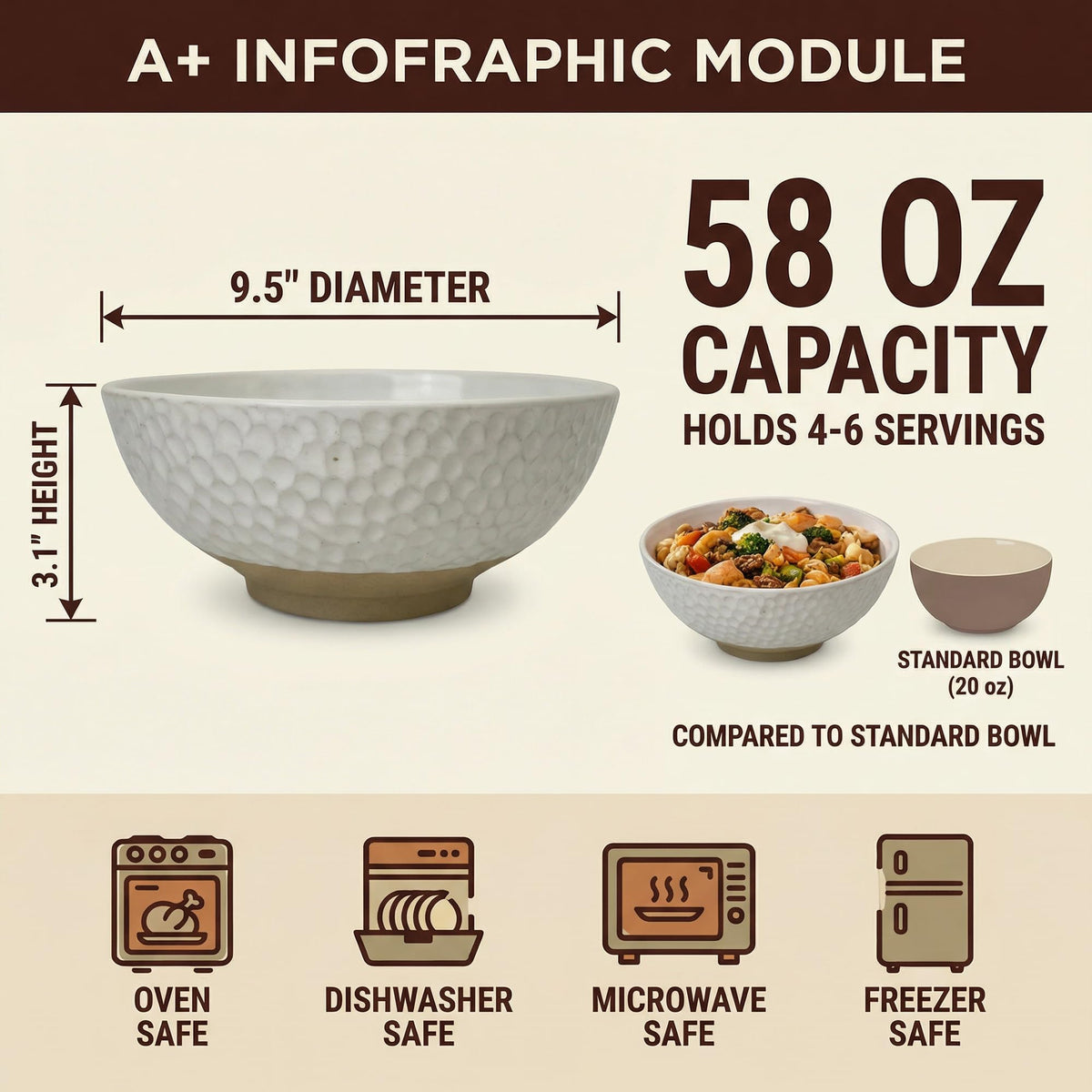 Wgtalation Large Ceramic Dinner Bowl Set - 2-Piece Handmade Salad Bowl Set, 58 oz Each, Dishwasher and Oven Washable, Vanilla White 9.5”