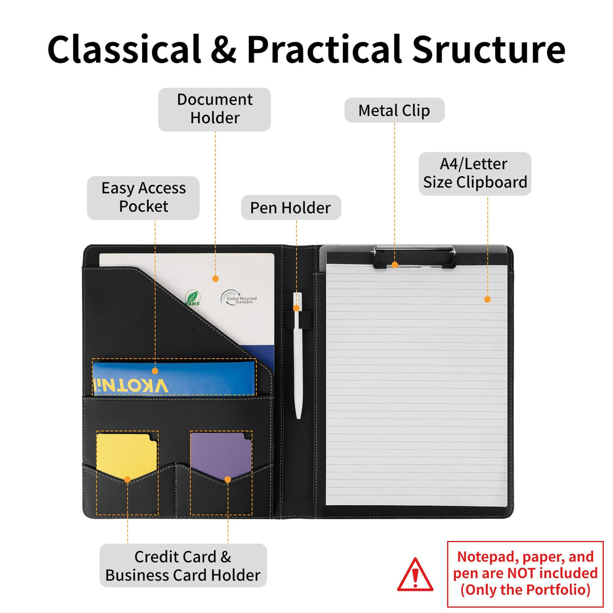 Professional Padfolio with Clipboard,Faux Leather Portfolio Folder Binder,Letter Size A4 Legal Writing Pad Holder for Business School Office Conference Notepad Clip Boards