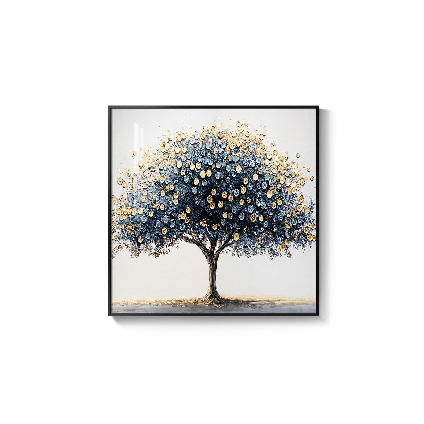 Framed Square Tree of Life Wall Art, Blue Gold Modern Money Tree Painting Prints, Minimalist Elegant Luxury Abstract Tree Artwork for Living Room Bedroom Kitchen Hallway Office Home Decor, 30x30 Inch
