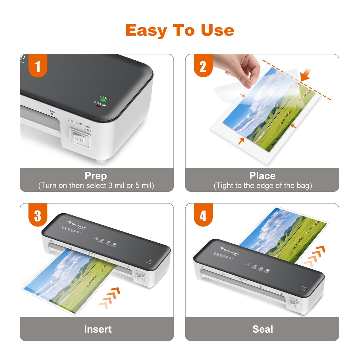 Bonsaii Laminator Machine, 9 Inch Laminators Machine with 50 Laminating Sheets, Laminator with Never Jam Technology for Doc/Posters/Photo, Simple Convenient for Home, Office and School - L418-C Grey