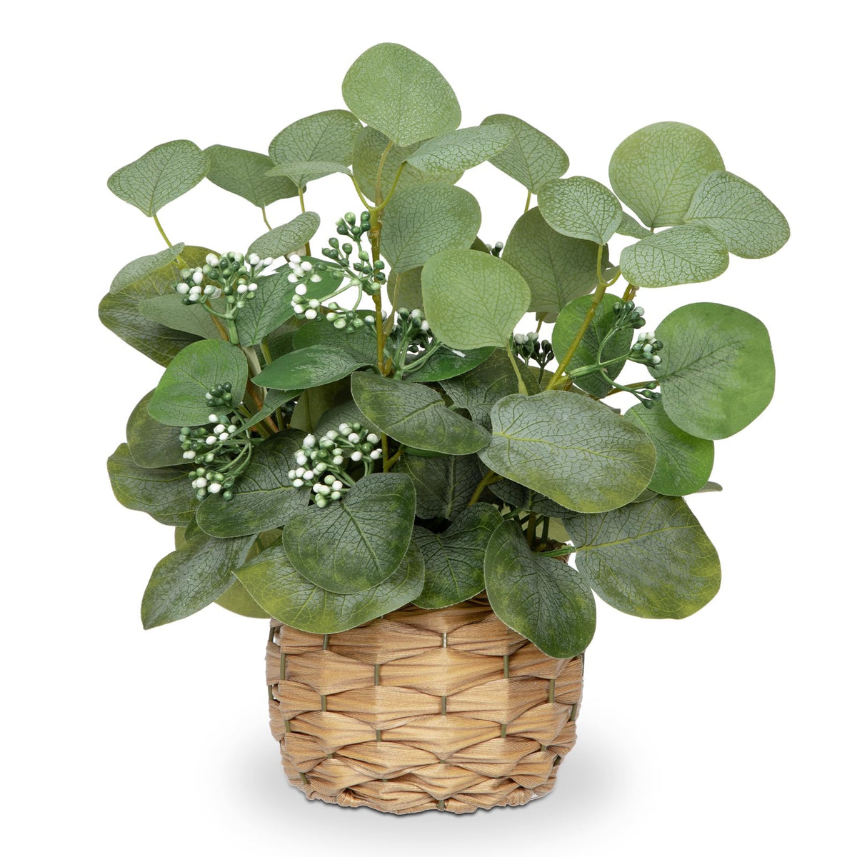 DILATATA Artificial Eucalyptus Stems in Woven Basket Planter, 12" Fake Plant Eucalyptus Leaves with Green Seeds Faux Potted Plant Greenery for Table Centerpiece Office Indoor Home Decor