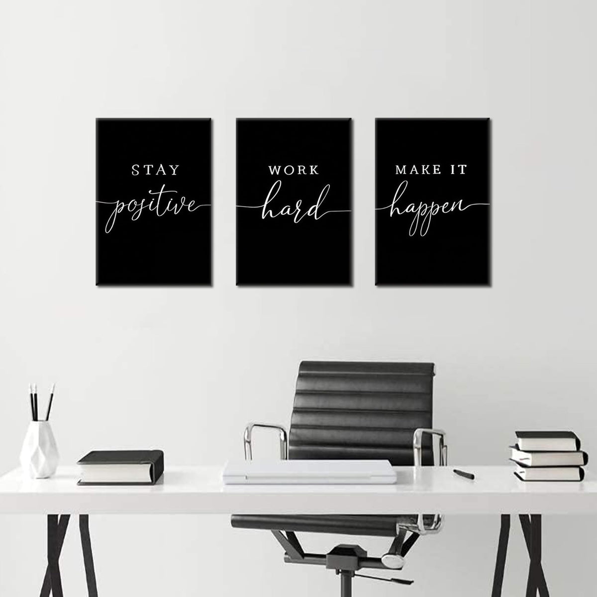 Motivational Office Wall Art Canvas Prints Set of 3 – Stay Positive Work Hard Make It Happen, Modern Positive Quotes Wall Decor for Home Office Living Room Bedroom Decor 12x16 inch Framed