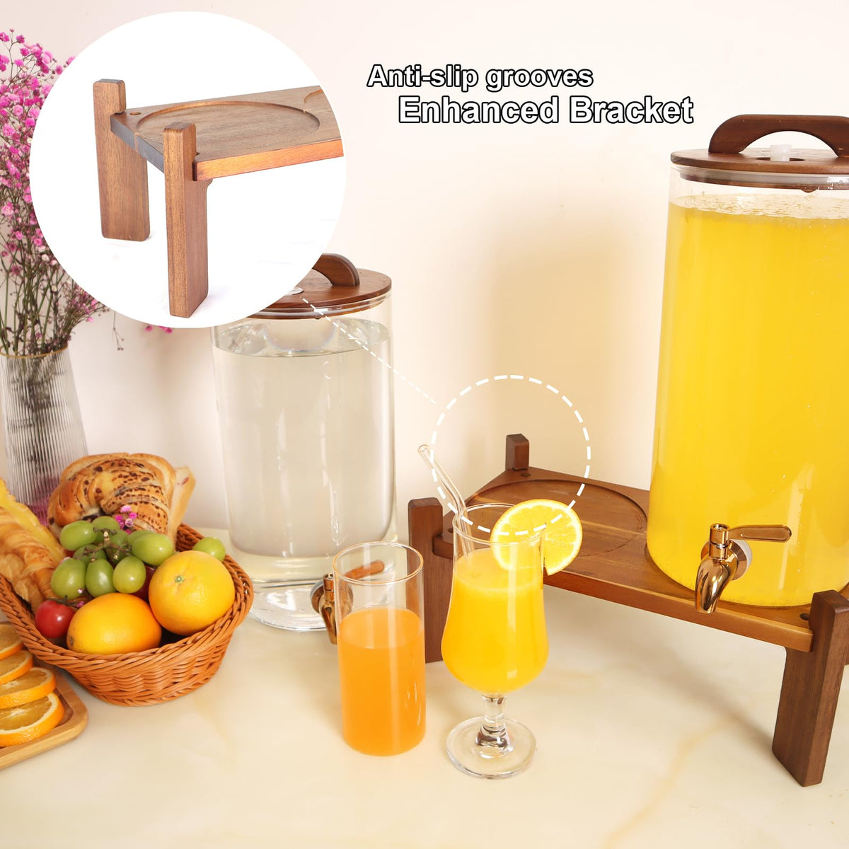 2PCS 1.6 Gallon Drink Dispenser,Glass Water Dispenser with Stand,Beverage Dispenser with Stainless Steel Spigot,Drink Dispensers for Parties,Bars,Restaurants