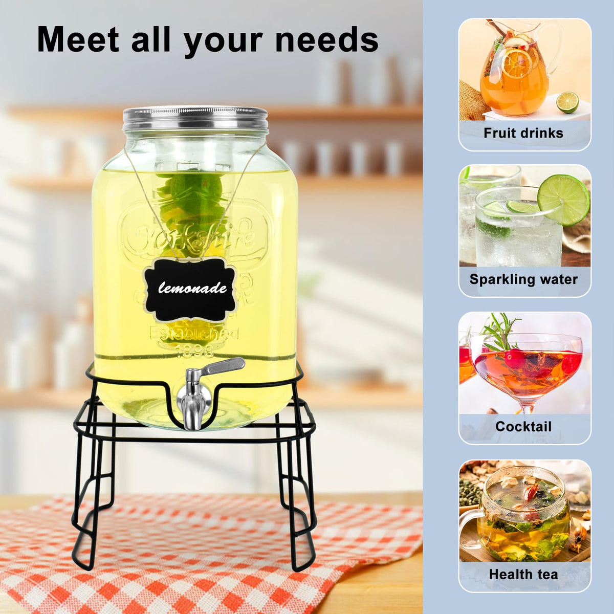 2 Gallon Glass Drink Dispensers For Parties,Beverage Dispensers With Stand And 100% Leakproof Stainless Steel Spigot.Glass Water Jug Dispenser,Lemonade Dispenser,Mason Jar.