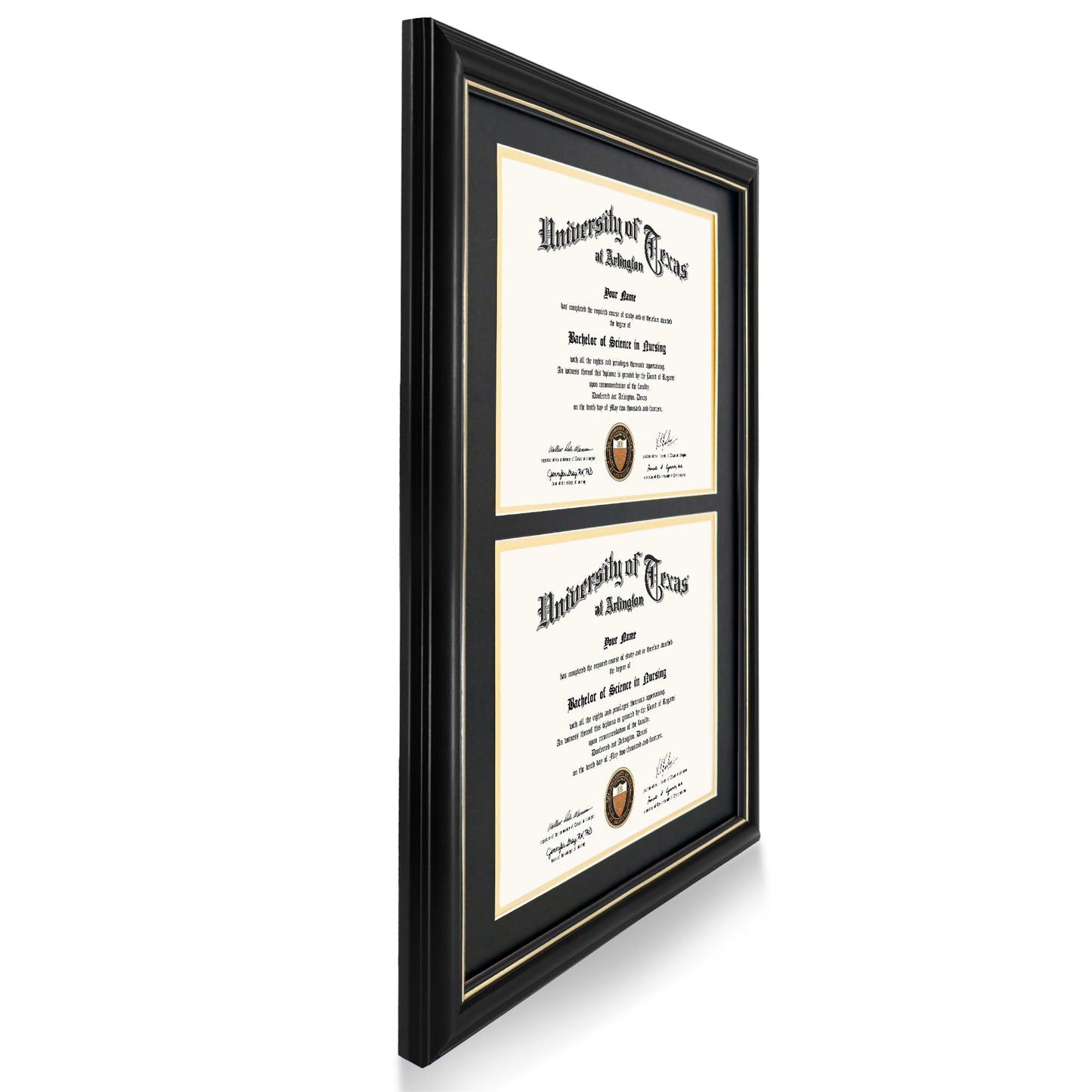 GraduationMall Double 8.5x11 Diploma Frame,Solid Wood & Tempered Glass,Black Finish with Gold Trim,Black & Gold Mat