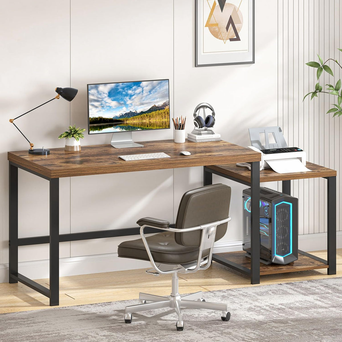 FOLUBAN Large Computer Desk for Home Office with Printer Space, Wood Study Gaming Workstation Table with Storage Shelves, Long Writing Desk for Bedroom Living Room, Rustic Brown, 63 Inch