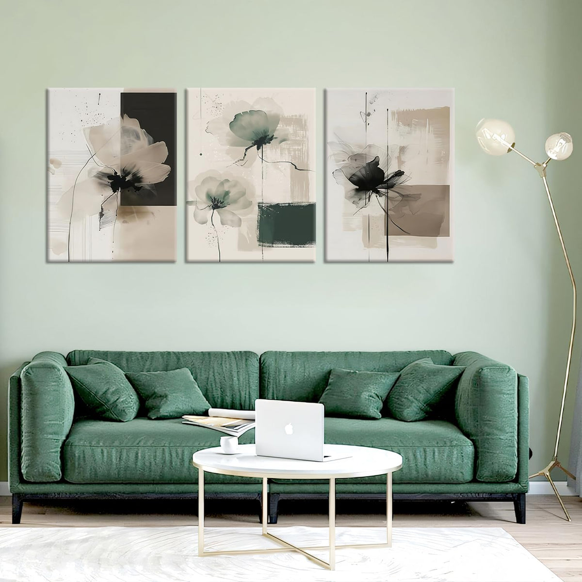 Neutral Abstract Floral Wall Art Set of 3 – Modern Beige & Black Minimalist Canvas Prints, Contemporary Large Flower Posters for Living Room Bedroom Bathroom Office Home Decor, Framed 24x16 Inch