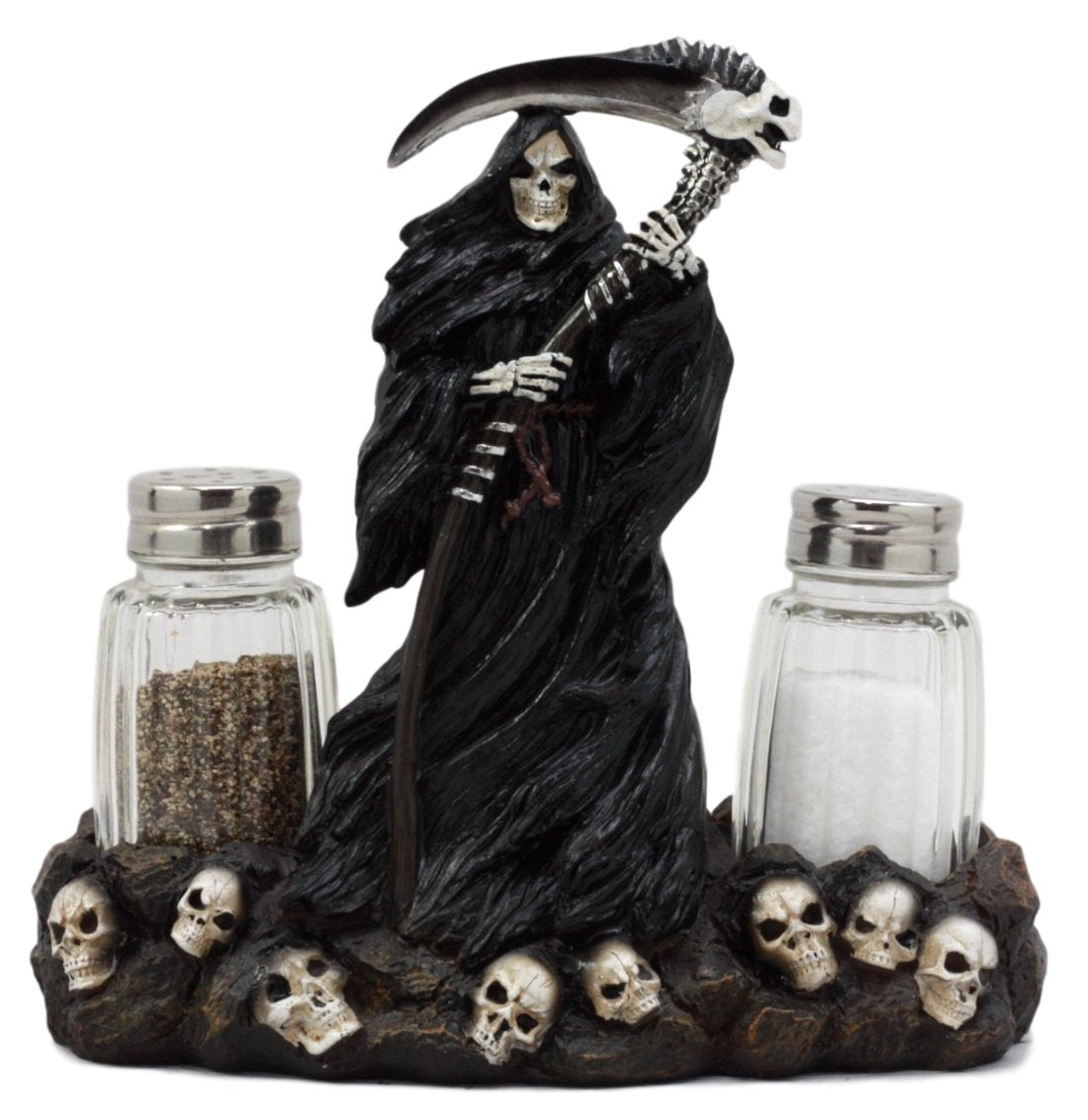 Ebros Gift Day Of The Dead Grim Reaper Standing On Skull Graveyard Salt & Pepper Shakers Holder Figurine Set 6.25"H
