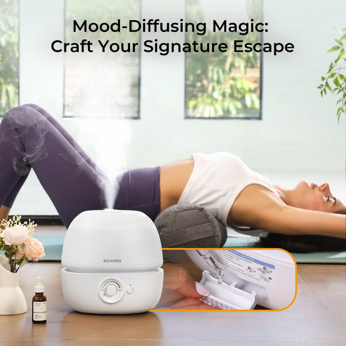 BOXING 3L Top Fill Humidifiers for Bedroom Baby, 20dB Quiet Air Humidifier for Large Room & Indoor Plants with Optional Night Light, Cool Mist Diffuser for Home, Essential Oil Tray, BPA-Free,White,30H