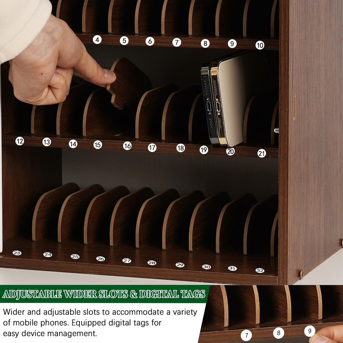 Echaprey Cell Phone Holder Classroom Adjustable 33 Slots Pocket Chart Wooden Cell Phone Storage Cabinet with Handle and Lock Desktop Cell Phone Holder for Classroom Office (Black Walnut)