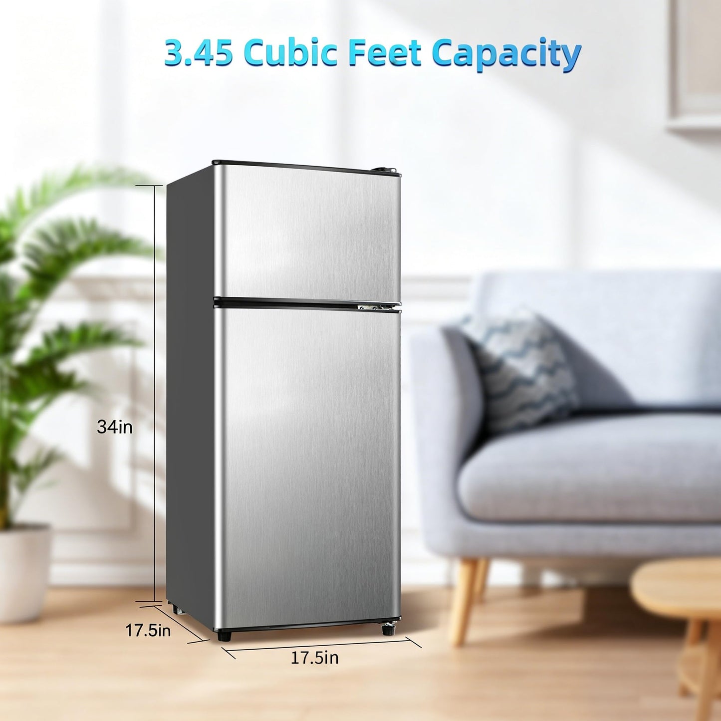Borcolo Dorm Fridge with Freezer, Small Refrigerator 3.45 Cu. Ft. with Freezer for Apartment, 7-Level Temperature Adjustable Apartment Size Fridge for Kichen, College, Office, Silver