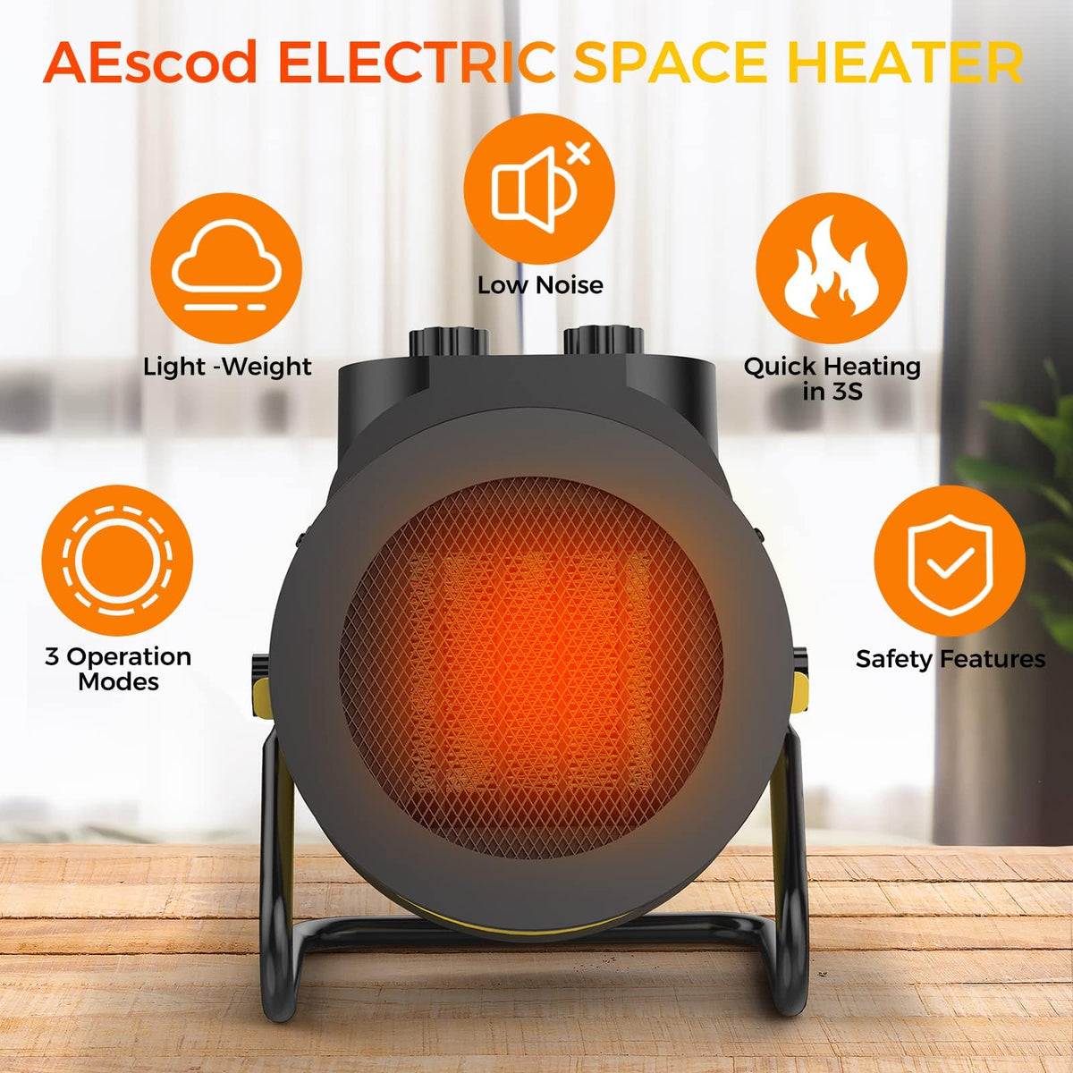 1500W Electric Space Heater with 90 Adjustable Angle, Overheat Protection, Heater for Garage, Office, Indoor Use (Yellow)