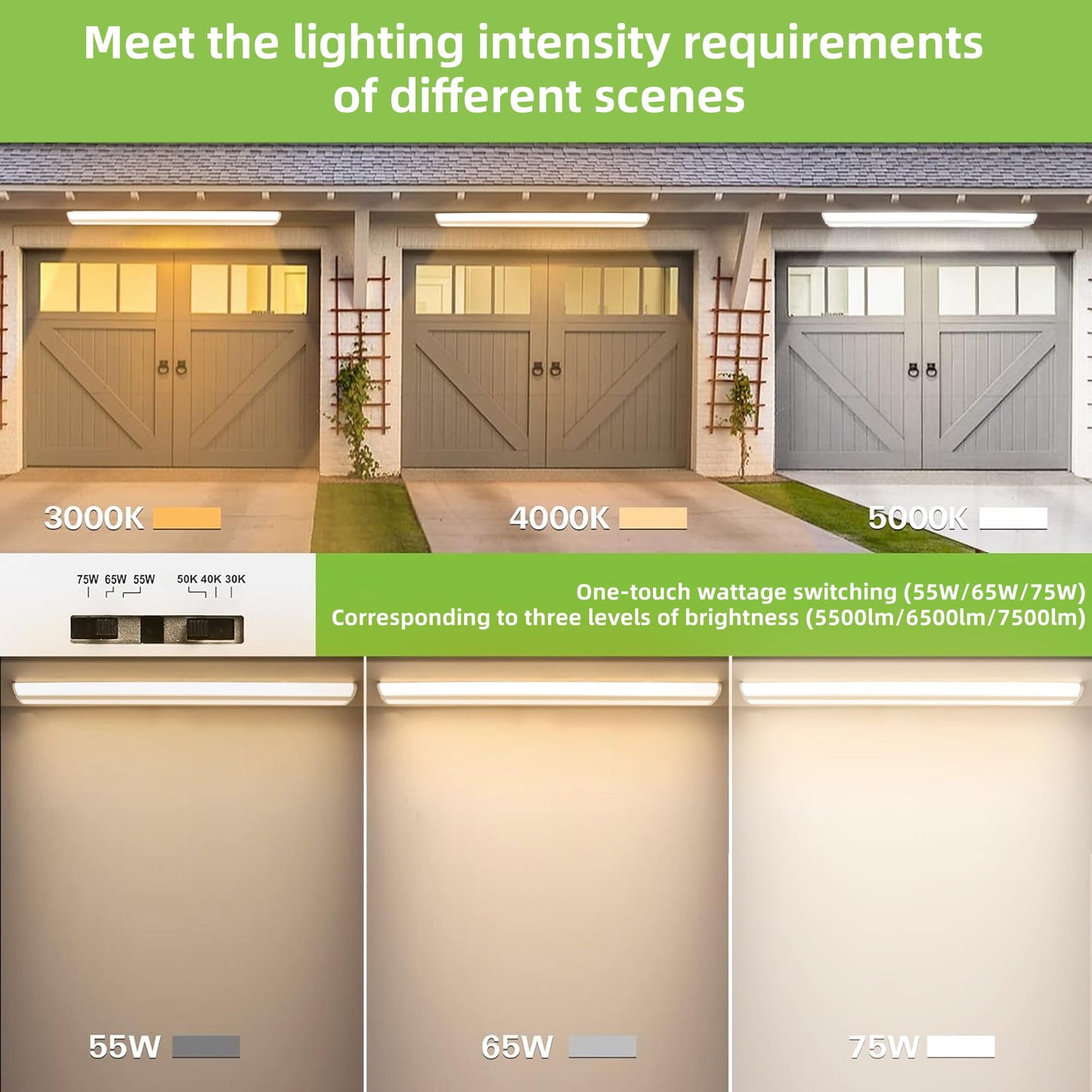 hykolity 4FT LED Wraparound Light with 3 Wattages/3 Lumens/3 CCT Selectable, 55W/65W/75W, 5500lm/6500lm/7500lm, 3000K/4000K/5000K Flush Mount Ceiling Light for Office Kitchen, ETL, 4 Pack