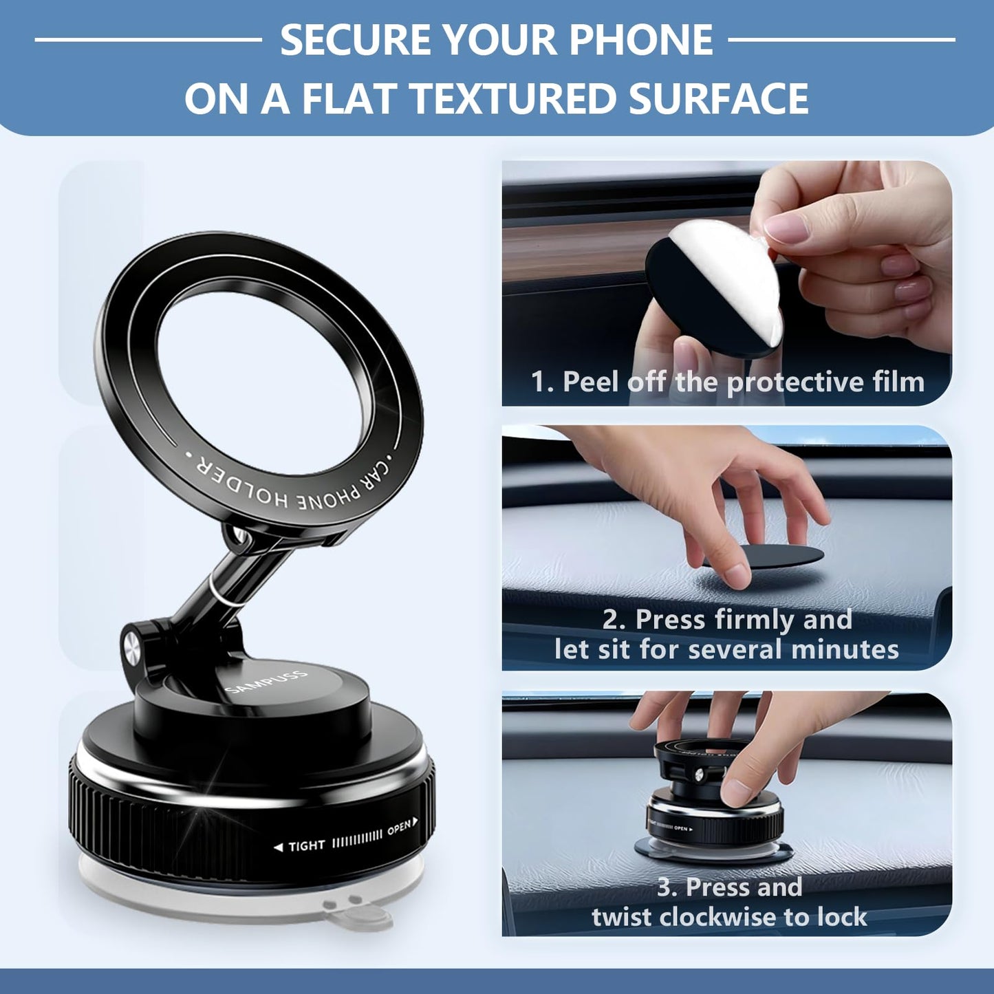 SAMPUSS Magnetic Phone Holders for Your Car, Upgraded Vacuum Car Phone Holder, 360° Rotation Cell Phone Car Mount Suction Phone Mount for Magsafe Car Mount for Car Kitchen Gym Travel for All Phone