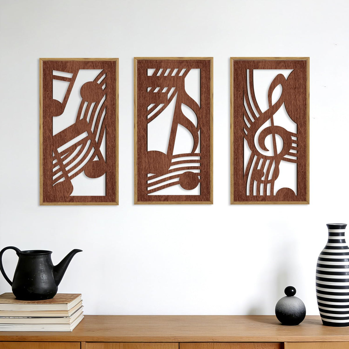 HPNIUB 3PCS Rustic Musical Symbols Wall Decor, Modern Music Theme Wood Sign Artwork, Minimalist Piano Strings Musical Note Wall Hanging Plaque for Living Room Music Studio Apartment(8x16Inch)