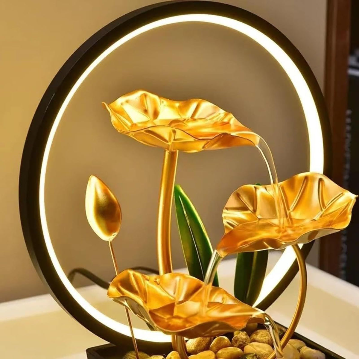 Huazzzyi Tabletop Fountain with Led Light, 11 in Gold Lotus Table Top Water Fountain Indoor USB Powered Zen Desk Waterfall Fountain with 1 Replacement Water Pump