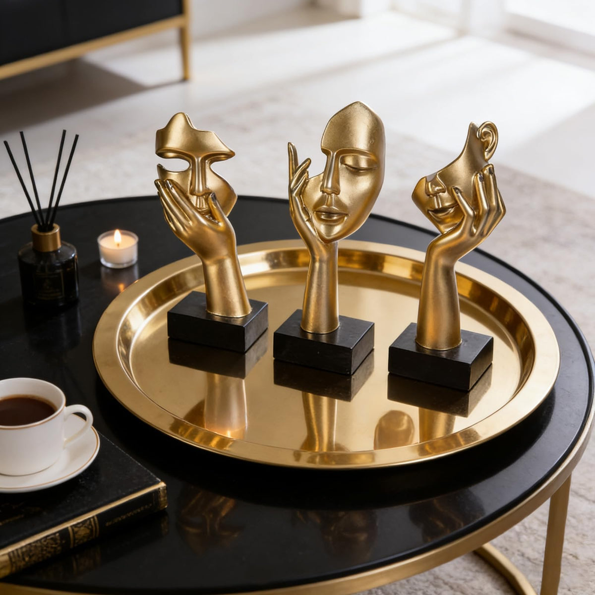 oliruim 3 Pcs Thinker Small Statue Set - Black Gold Home Decor Abstract Art Figurines for Shelves, Living Room Coffee Table, Office Desktop (3 Pcs Gold, 6")