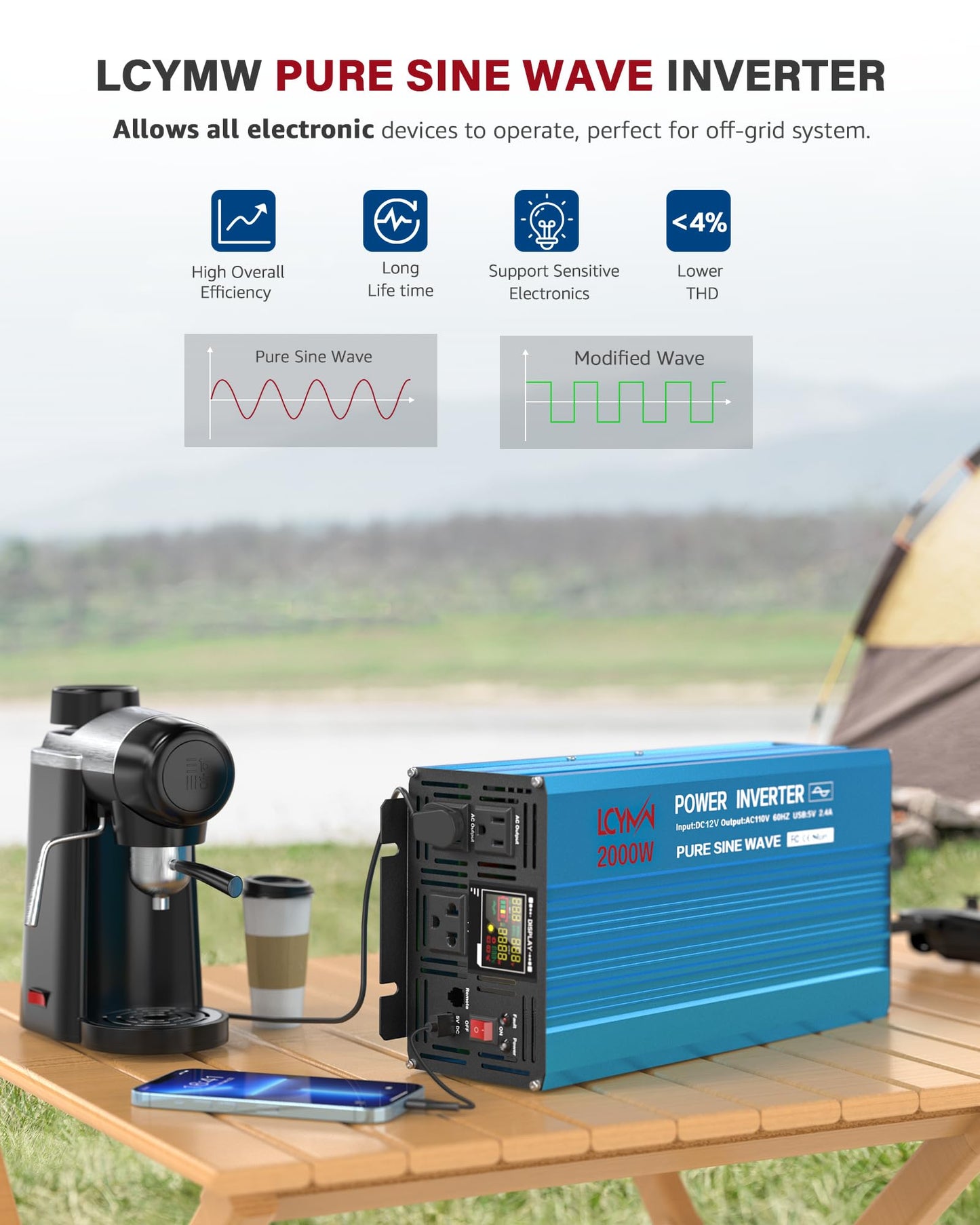 LCYMW 2000 Watt Inverter Pure Sine Wave DC 12V to 110V AC Power Inverters with 3 AC Charger Outlets, Car Inverter Solar Power Inverters for Vehicles Home with LCD Display and 2.4A USB Charging Ports