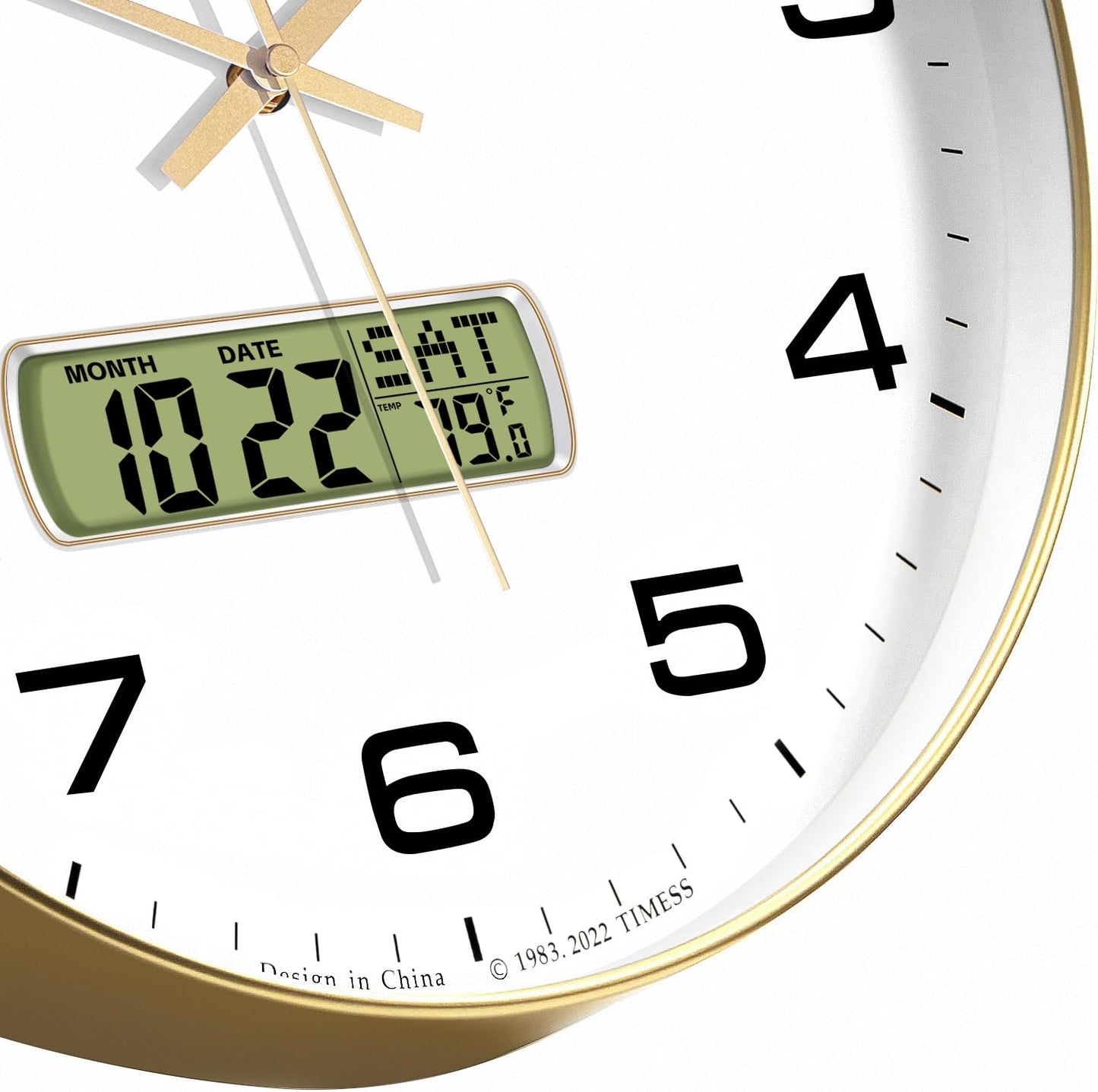 TIMESS Wall Clock, 12" Dial Non-Ticking Silent Battery Operated Analog with LCD Display for Perpetual Calendar and F° Temperature, Ideal Modern Home, Bedroom, Kitchen, Office Decor (Gold)
