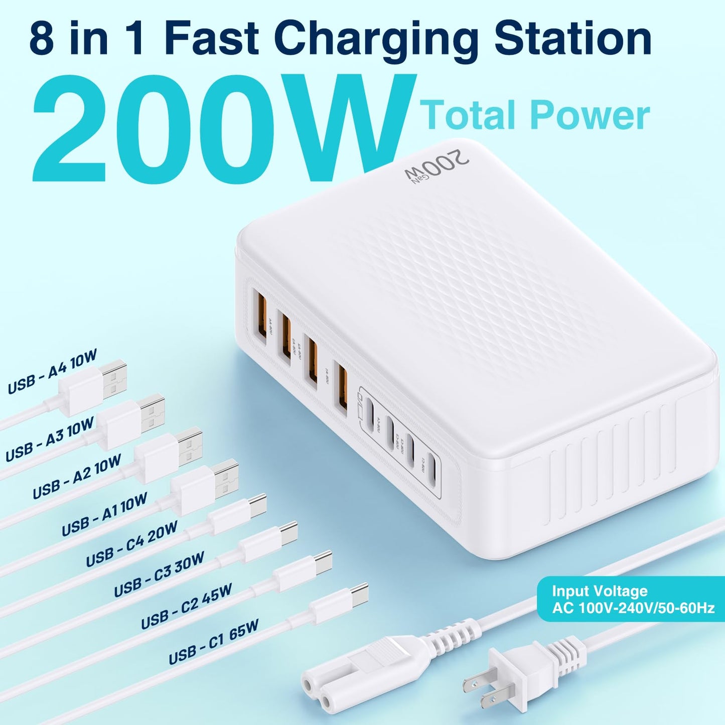 QZIIW 200W GaN III USB C Charging Station, 8-Port (4C+4A) Fast Charger Hub, Universal Wall Charger Block for iPhone 17/16/15/14 Pro Max, iPad, Samsung Galaxy Note, Pixel, Laptops & More