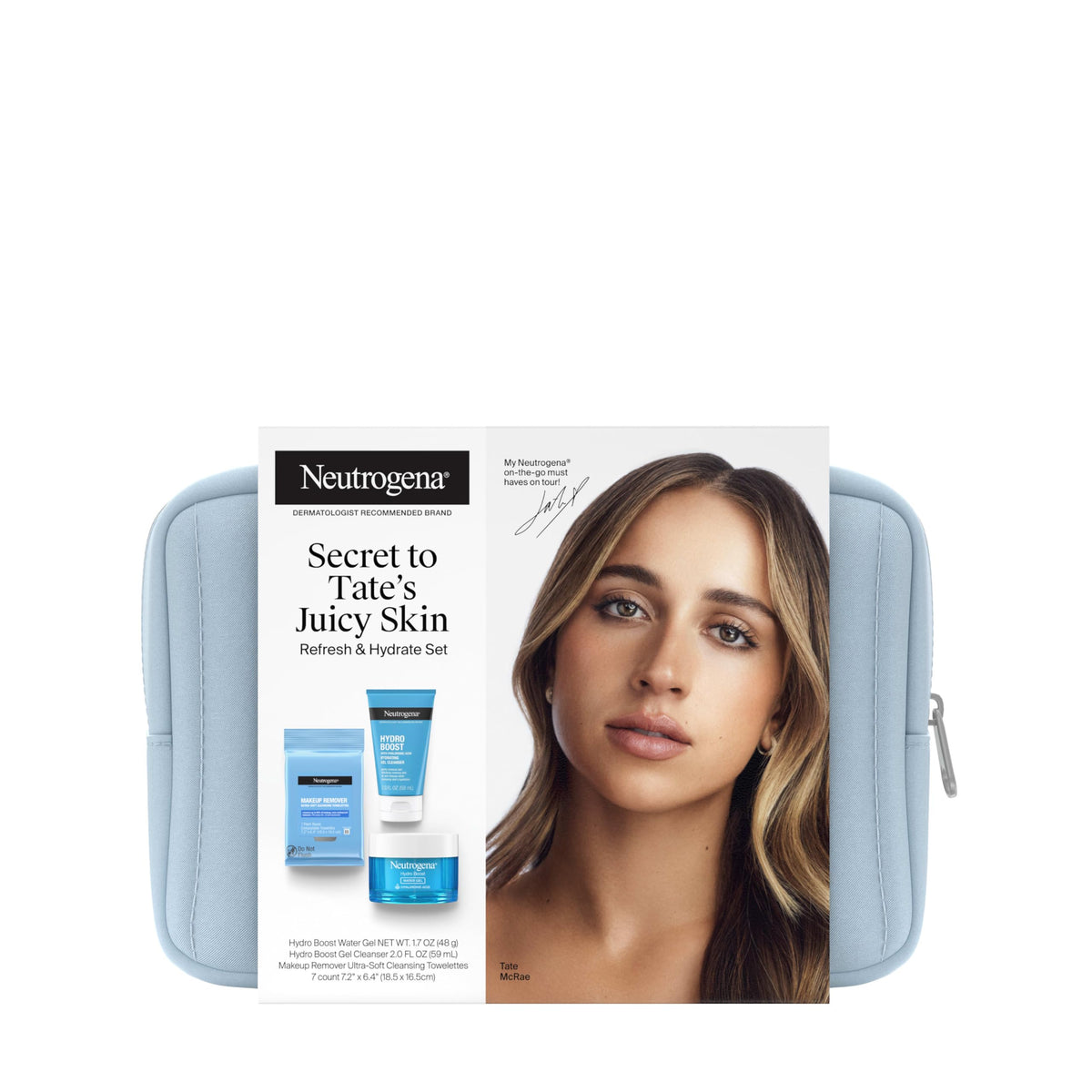 Neutrogena Refresh & Hydrate Skin Care Set, Gift Set with Tate McRae's Must-Haves, Includes Makeup Remover Wipes, Gel Facial Cleanser, & Water Gel Face Moisturizer, Travel Size, 3 Items