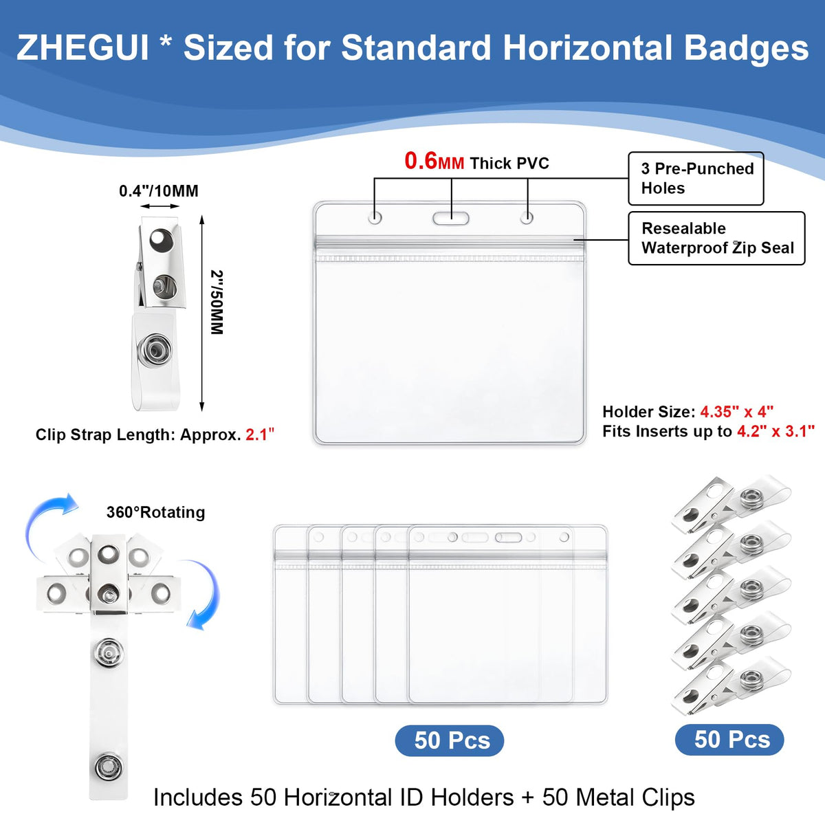Clear Horizontal 4x3 Name Tag Holders 50 Pack with Metal Clips, Bulk Waterproof PVC ID Badge Holder, Plastic Name Badge Holders for Conferences, Trade Shows, Exhibitions and Company Events