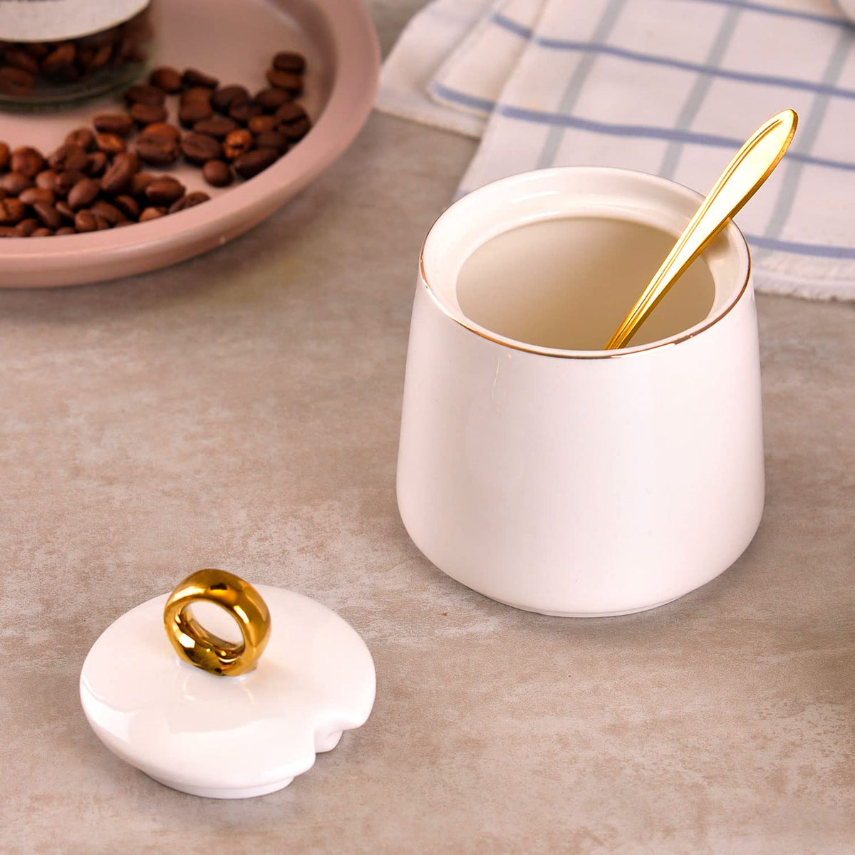 WHJY Ceramic Sugar Bowl with Lid and Spoon, Simple White Clear Porcelain Salt Bowl Salt Container, Modern Spice Box Seasoning Jar for Home and Kitchen Coffee Bar - Green