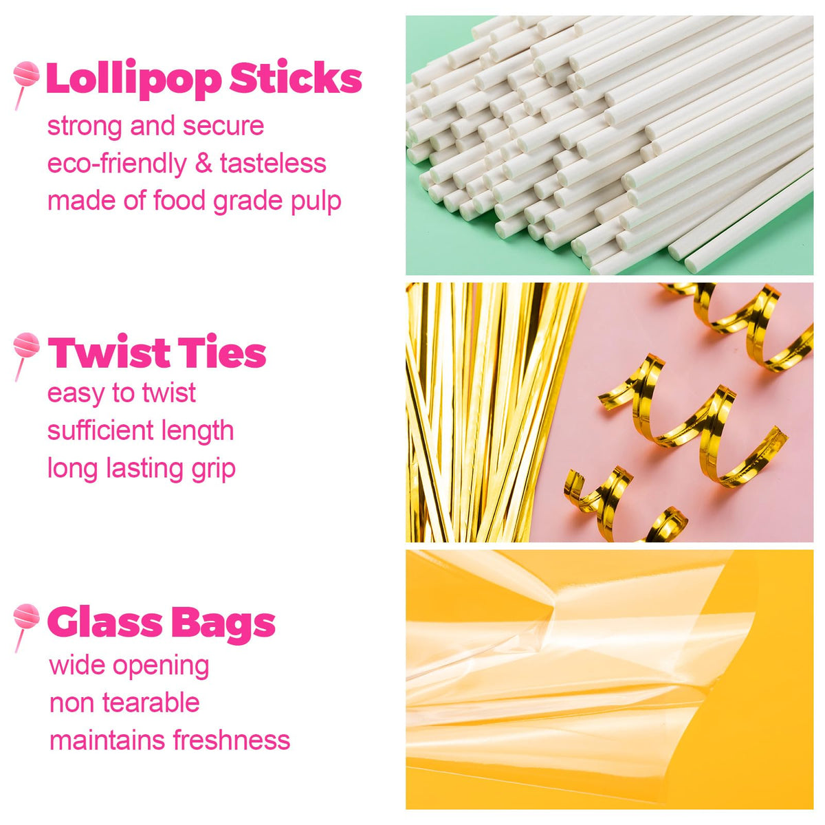 600Pcs Lollipop Stick, 6IN Cake Pop Sticks with Clear Treat Bags & Gold Twist Ties, Cake Pops Making Tools for Lollipops, Candies, Chocolates Cookies