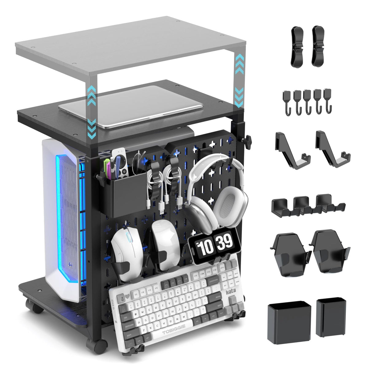 Computer Tower Stand with Pegboard Organizer, Height Adjustable 2-Tier PC Tower Shelf for Floor with Accessories, CPU Holder Cart with Locking Wheels for Most PC Gaming Home Office, 24.2-29.5"