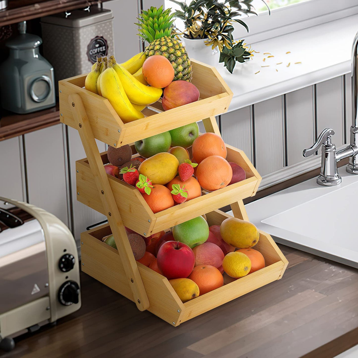 Merysen Large 3 Tier Bamboo Fruit Basket Stand for Kitchen Countertop – Fruit Holder – Suitable for Bread, Vegetables, Produce, Home Storage and Display