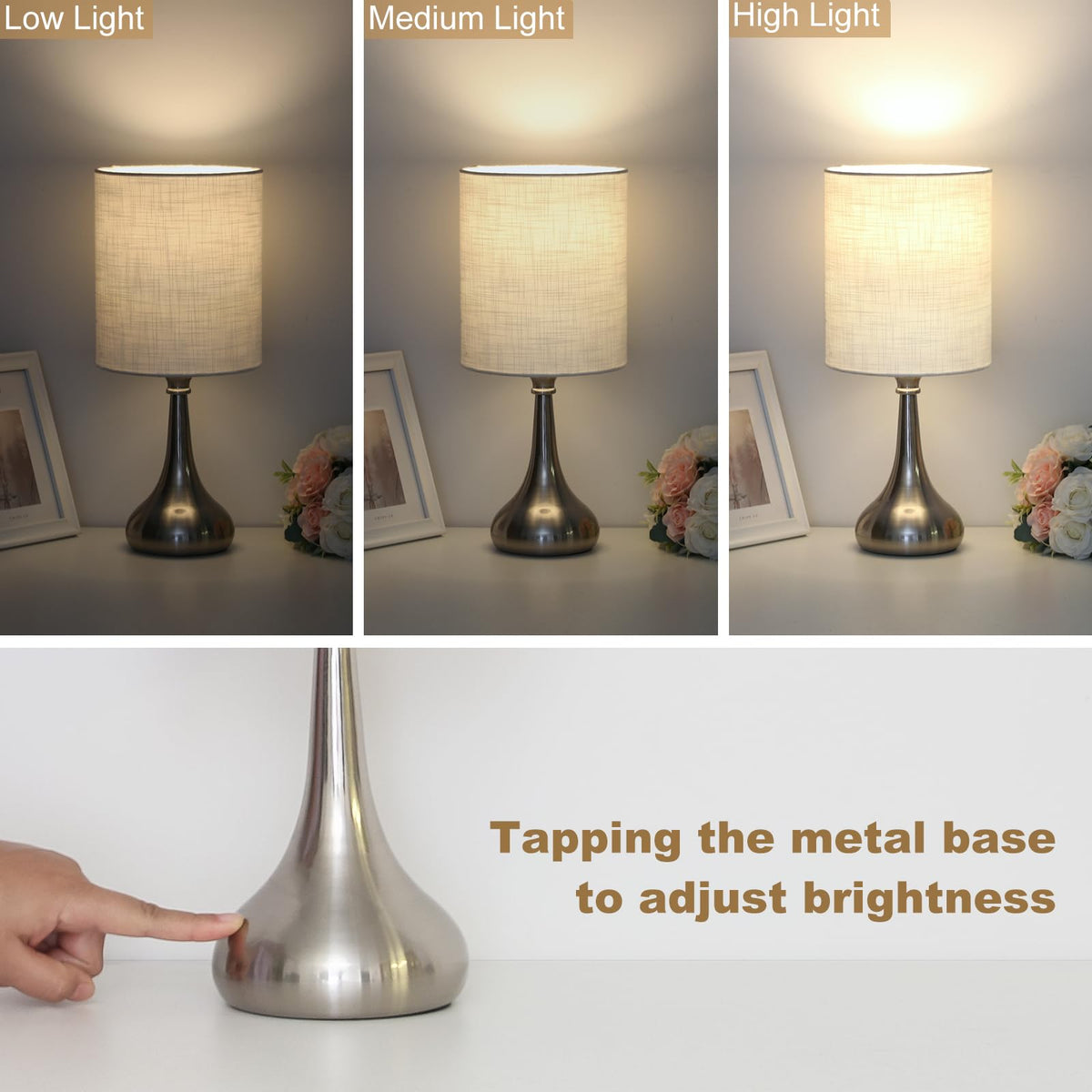 Boncoo Touch Control Table Lamp, 3 Way Dimmable Simple Night Light Lamp with White Lampshade Silver Metal Base, Small Bedside Table Lamp for Bedroom, Office, Dorm, A19 9W 3000K Bulb Included