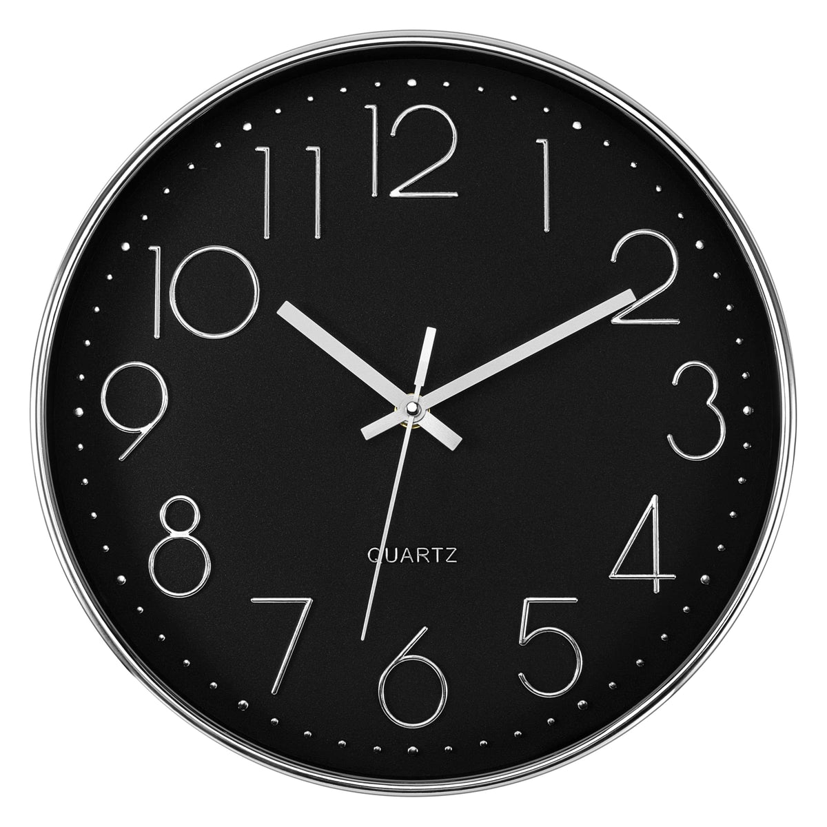 Foxtop Silver Wall Clock Silent Non-Ticking Battery Operated Round Modern Wall Clock for Office School Home Living Room Bedroom Bathroom Kitchen Decor (12 Inch, Black Dial)