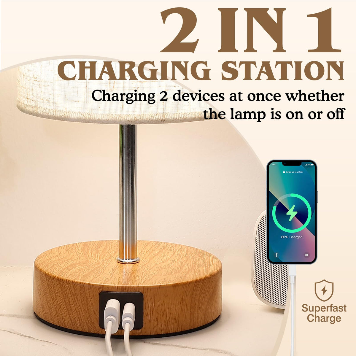 UNIFUN Touch Control Bedside Table Lamp with USB-C Charging Ports, 4-Way Dimmable Nightstand Lamp with Wood Base & Fabric Shade for Bedroom Living Room