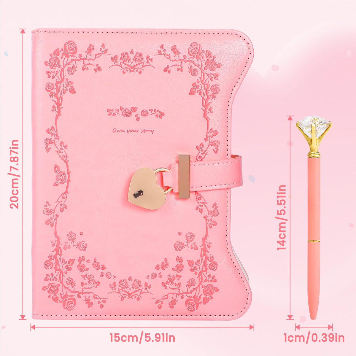 BSRBAOZY Diary with Lock and Key for Girls & Women, Heart-Shaped Locking Journal Gift Set with Diamond Pen, 360 Gilded Pages A5 Faux Leather Secret Writing Notebook for Teens Age 8-14(Garden Pink)
