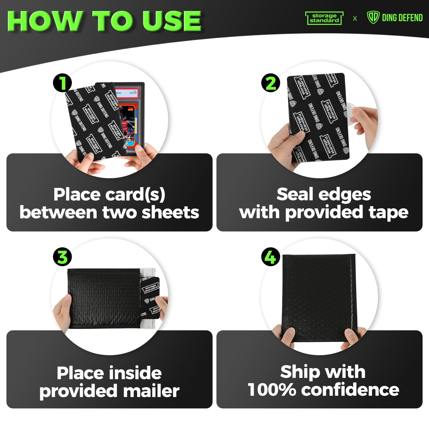 Ding Defend Trading Card Shipping Kit - Includes 110 4’’ x 6’’ Protectors, 55 Envelope Bubble Mailers, 240 Tape Seals for Slabs & Collectible Cards - Black