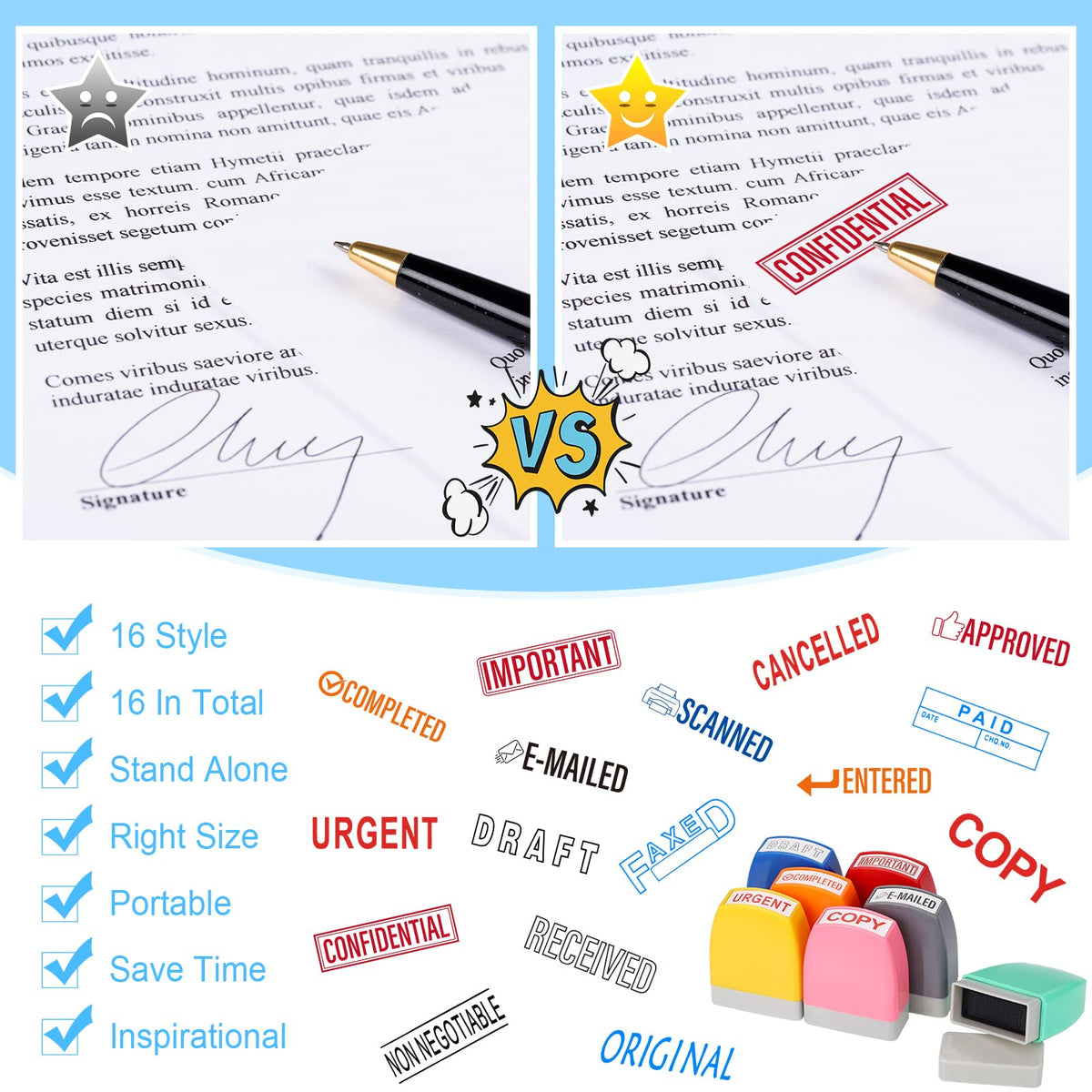 Crtiin 16 Pcs Office Stamp Set Message Self Inking Rubber Stamp Set for Office Stamps Completed Faxed Scanned Stamps for Message Supplies(Mixed Colors)