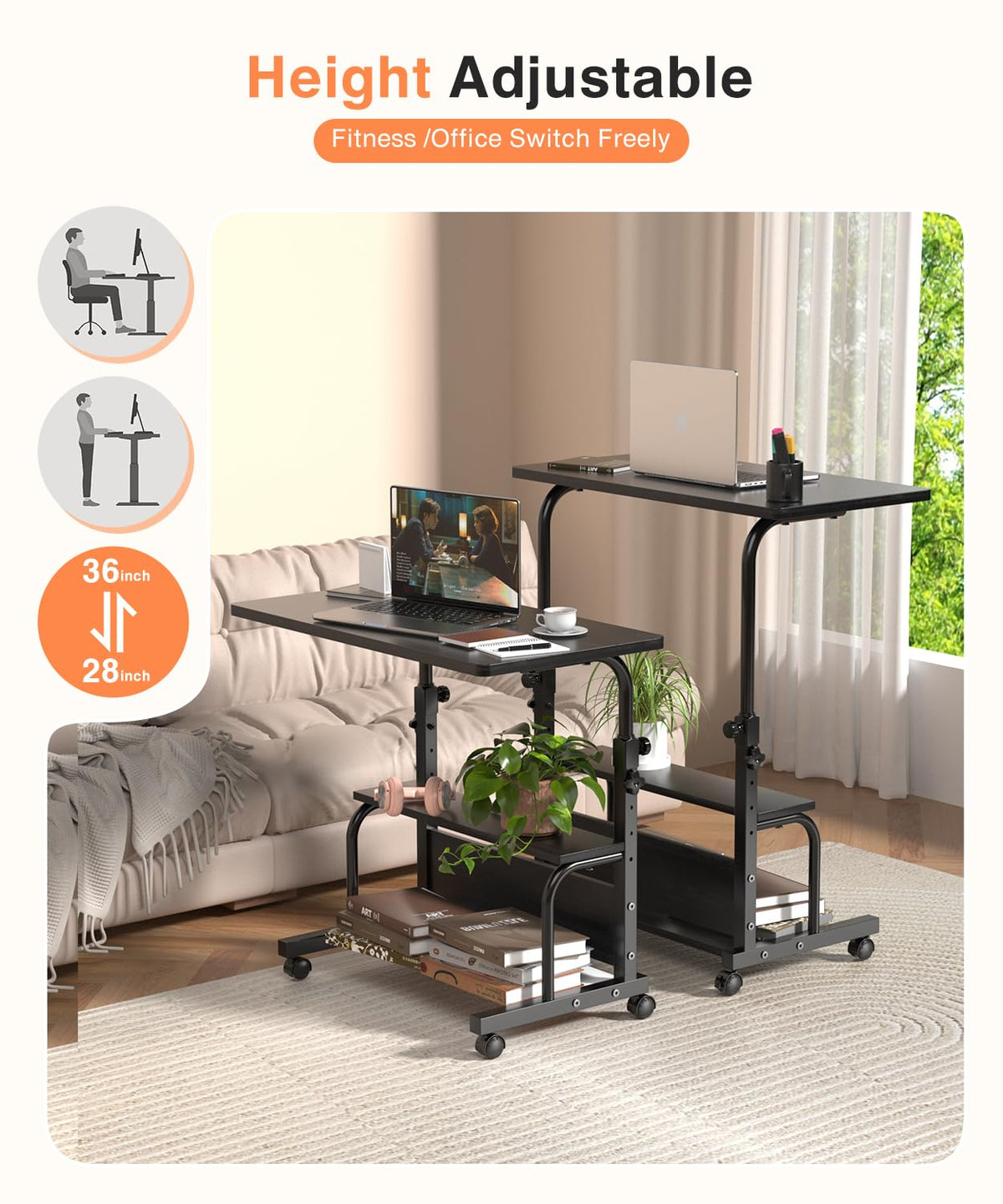 QZMDSM Portable Rolling Desk on Wheels Adjustable Height Desks for Small Spaces, 32" Computer Desk with Storage Shelves for Home Office Black