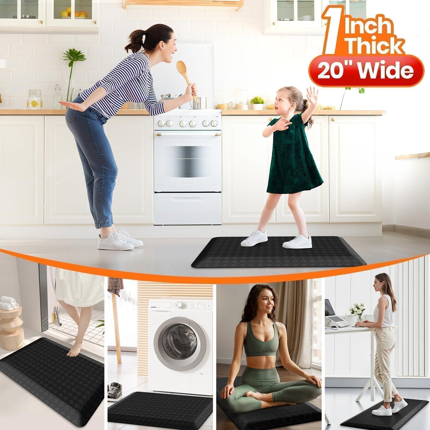 StepRite 1” Thick Kitchen Mats for Floor, Anti Fatigue Kitchen Rugs, Non-Slip,Heavy Duty Water Resistant Kitchen Rug, Standing Desk Mat for Friends, Family, Home, Kitchen, Office (32" x 20", Black)