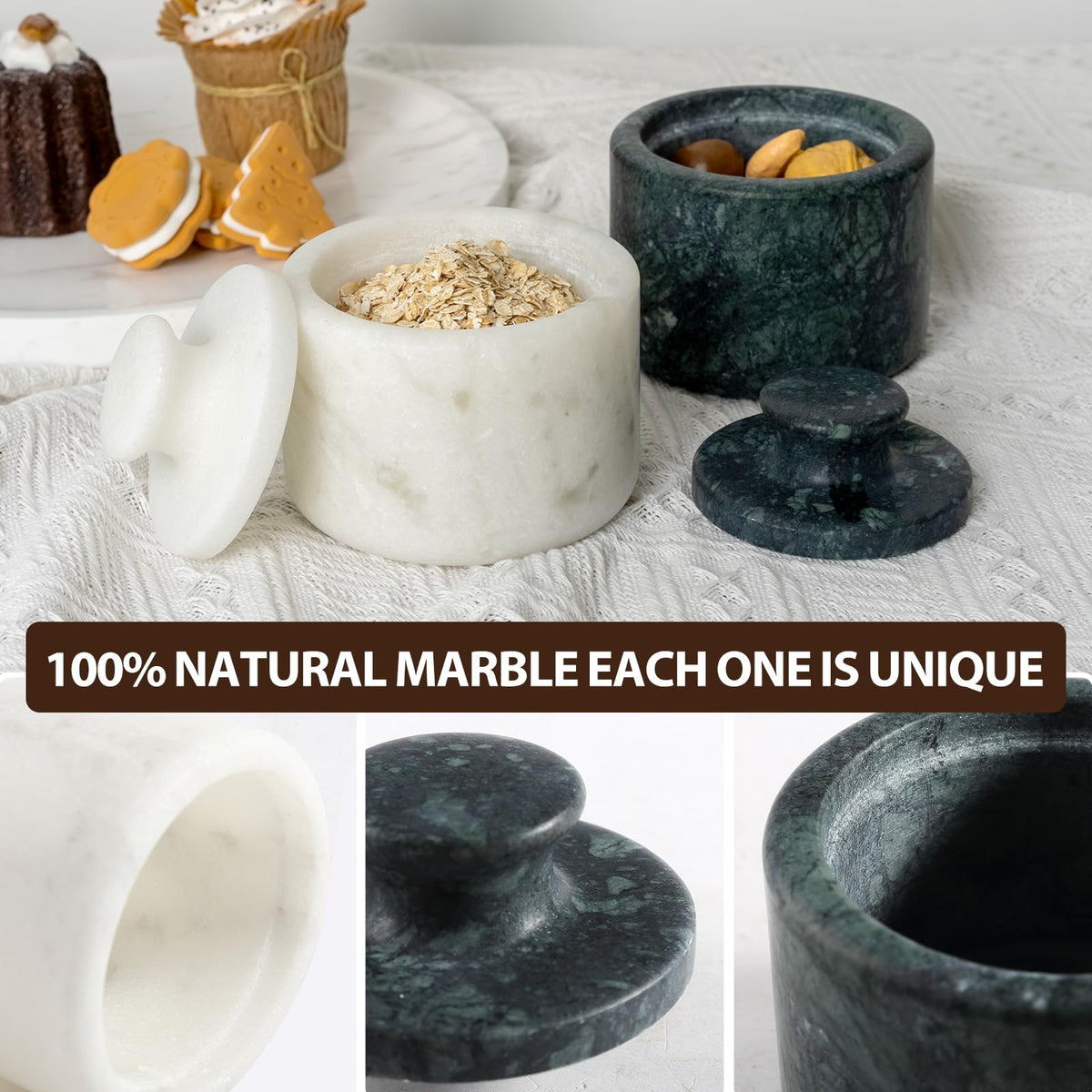 Koville Marble Salt Cellar White and Green Salt Holder with Lid for Kitchen Table Décor, Elegant Modern Handcrafted Seasoning Container for Countertop, Salt and Pepper Holder & Coffee Beans Storage