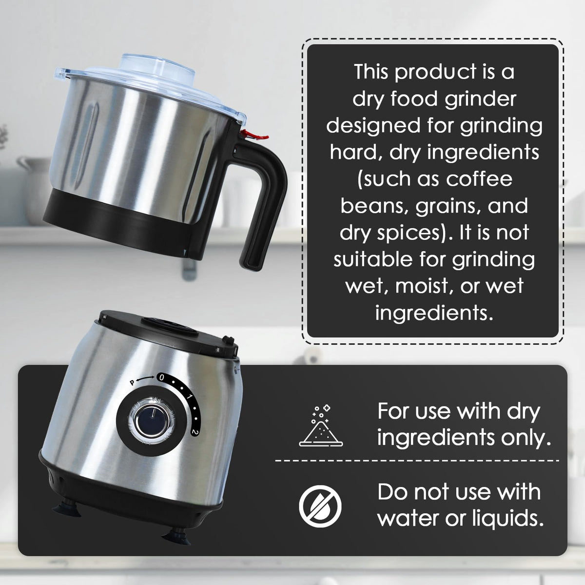Electric Spice and Nut Grinders - 3 Stainless Steel Blades, 1 Filter, 1 Brush - 500W Grinder for Kitchen Dry Use (Black)