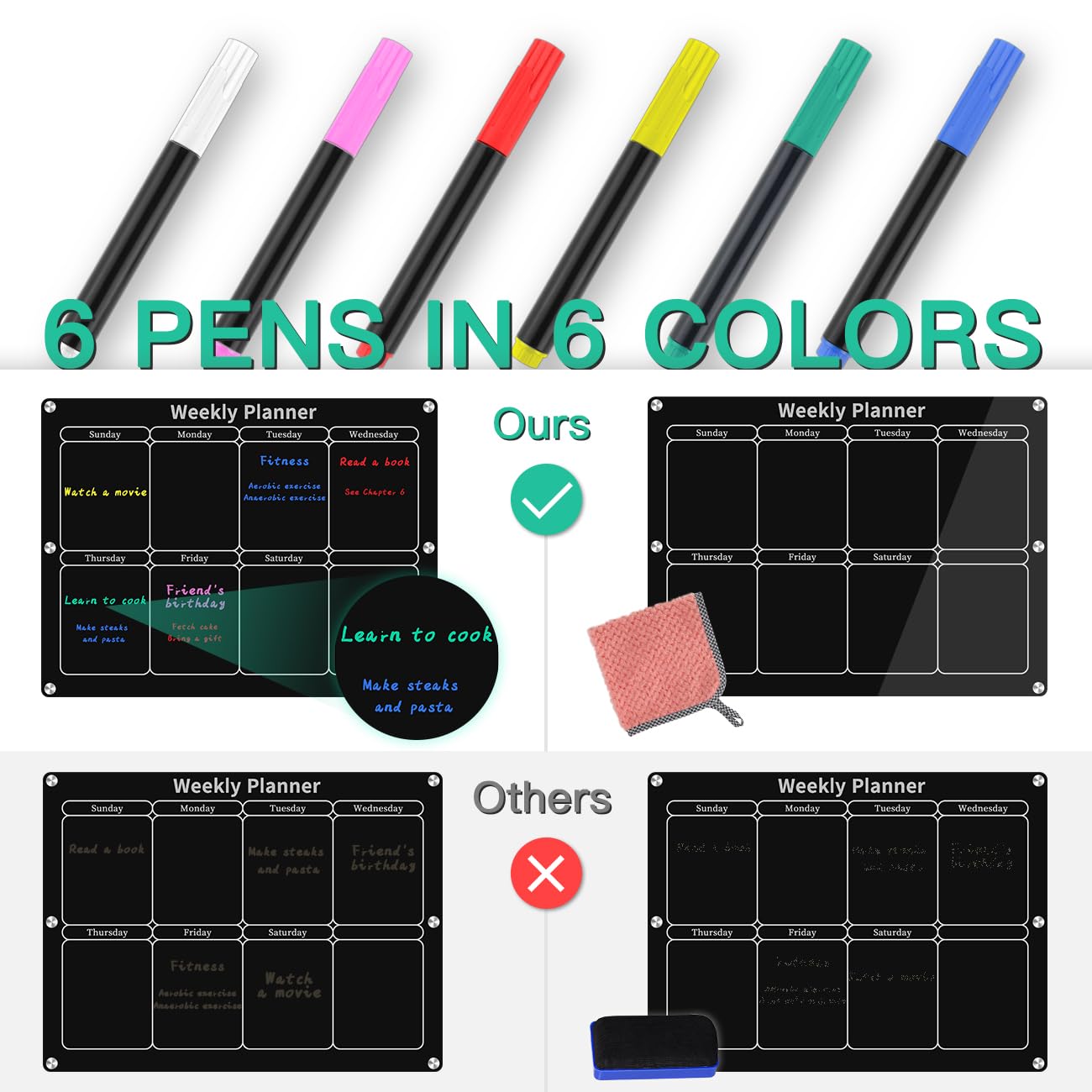 Magnetic Monthly & Weekly Fridge Calendar - Black Dry Erase Acrylic Refrigerator Planning Board Includes 6 Colorful Markers, Pen Holder, Towel, Hook
