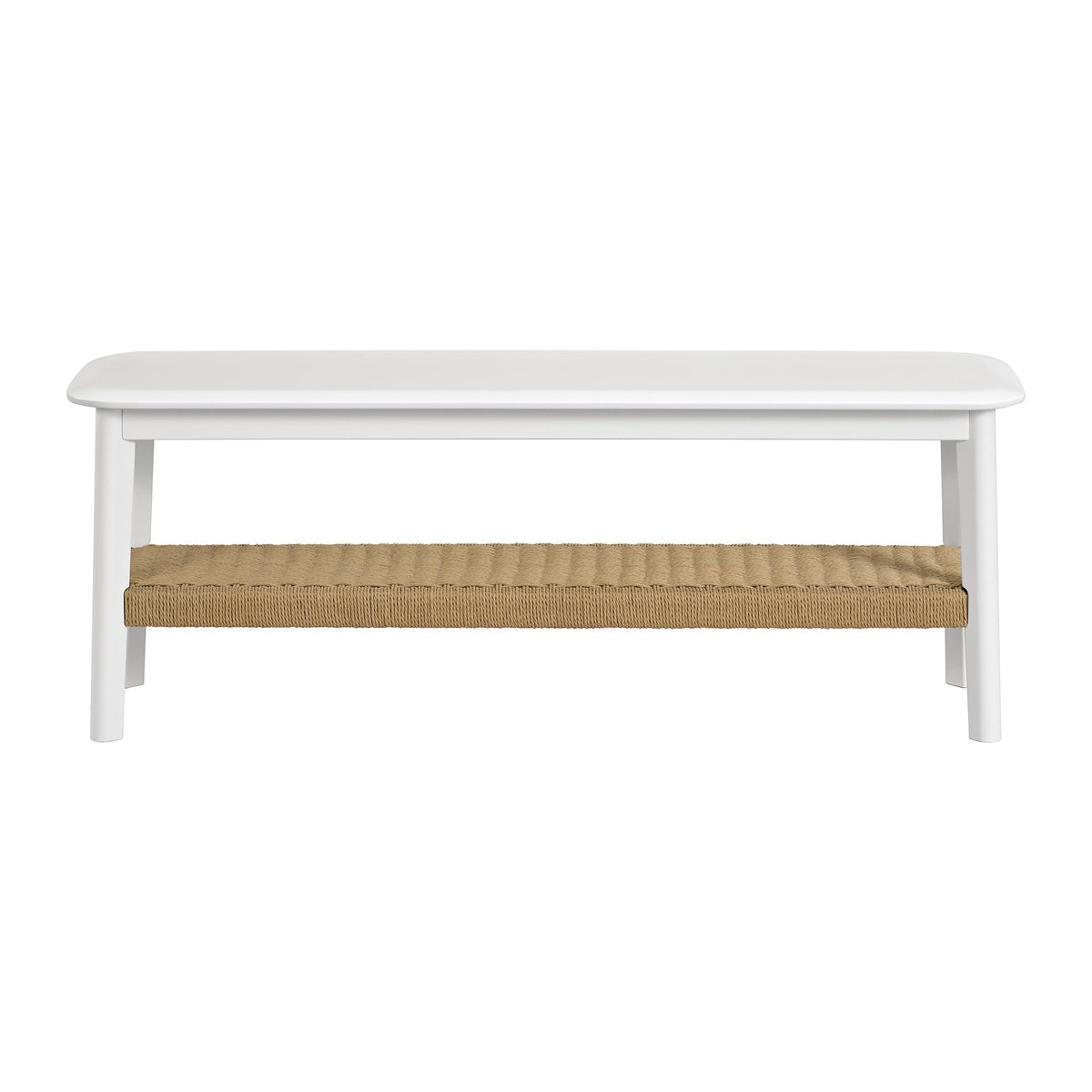 Alaterre Furniture Calais 48 Inch Solid Wood Entryway Bench with Woven Storage Shelf – Mid Century Modern 2-Tier Shoe Bench for Living Room, Hallway or Foyer (White)