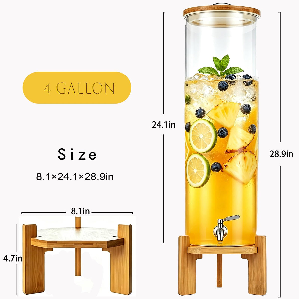 TOCLIU Beverage Dispenser, 4Gallon Glass Drink Dispenser with Stand, Stainless Steel Spigot, Ideal for Parties, Bars, Restaurants (15L/4 Gallon)