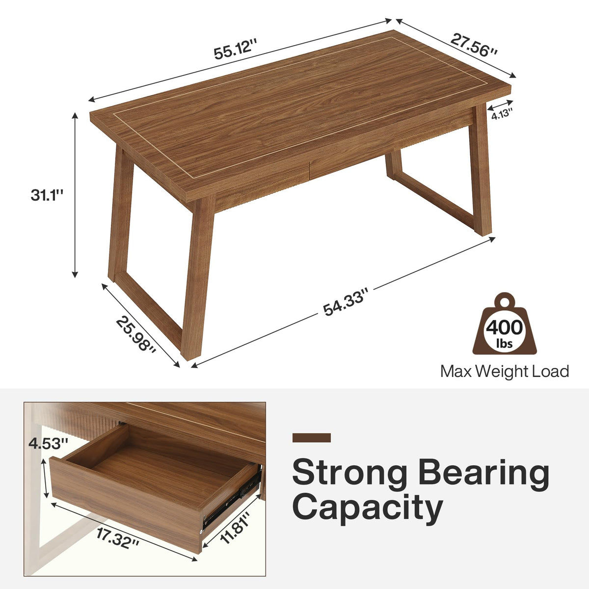 Tribesigns Home Office Executive Desk: 55 Inches Wooden Computer Desk with Drawer, Mid-Century Modern Study Writing Table, Rustic PC Laptop Desk Workstation Furniture, Walnut Brown