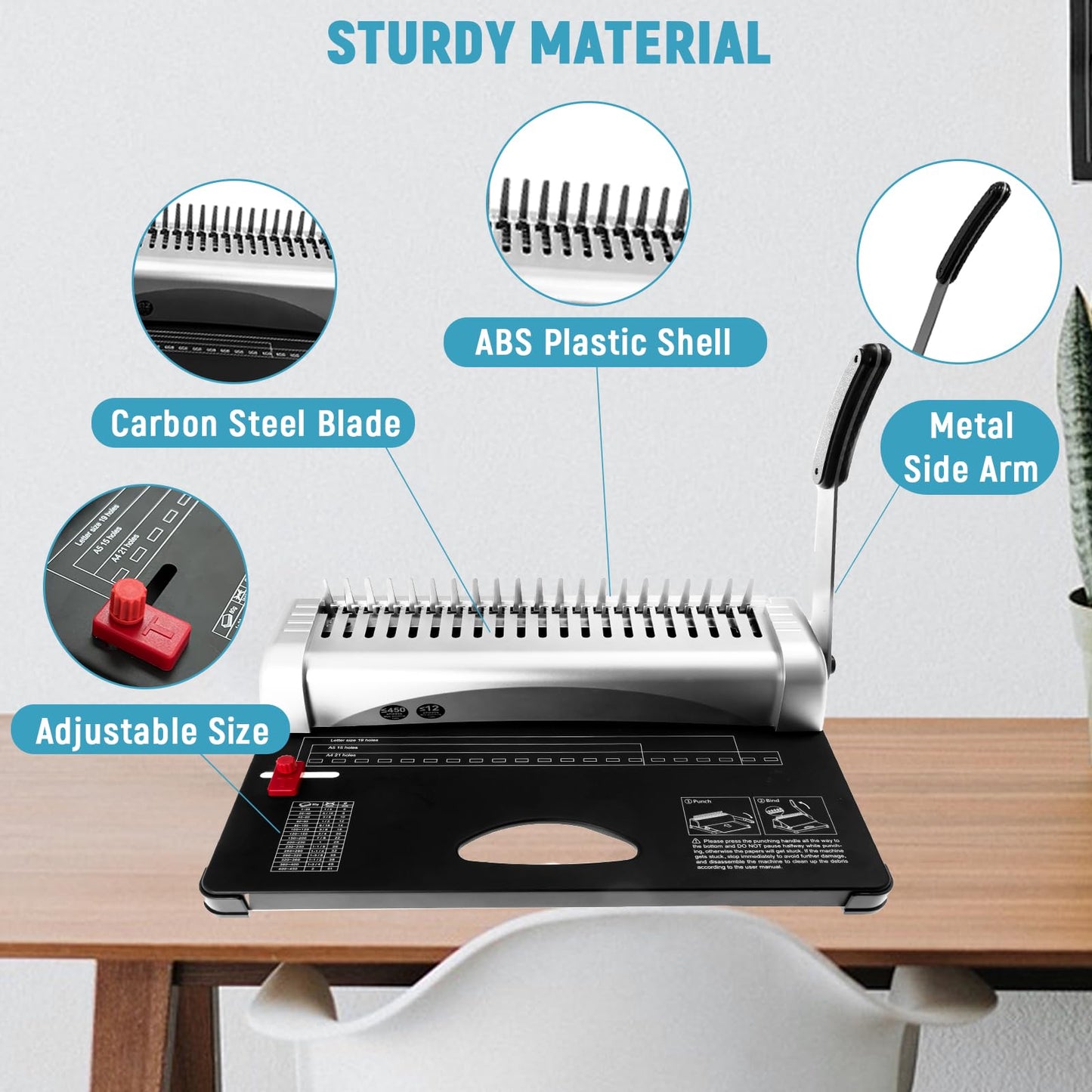 DUPDMKIN Comb Binding Machine 21 Holes 450 Sheets Binding Machine Includes 100 PCS Rubber Ring Fits Letter Size, A4, A5 or Smaller Sizes