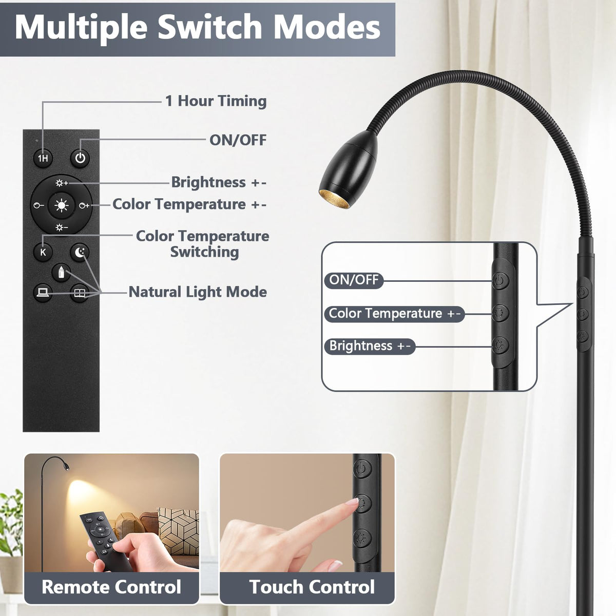 Reading Floor Lamp, 72" Tall LED Lamp with Flexible Gooseneck, Dimmable Zoomable Spotlight, Adjustable Color Beam Standing Lamp, Touch & Remote Control, Task Craft Bedroom Living Room, Matte Black