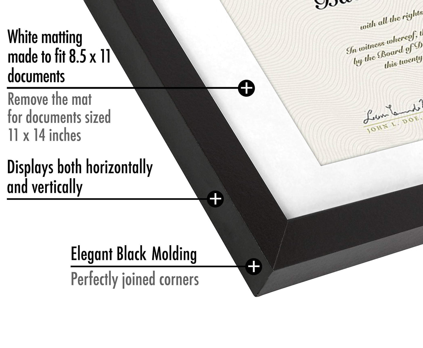 Americanflat 11x14 Diploma Frame with Shatter-Resistant Glass - Set of 2 - Use as 8.5x11 Frame with Mat or Display 11x14 Documents Without Mat - Certificate Frames with Engineered Wood - Black